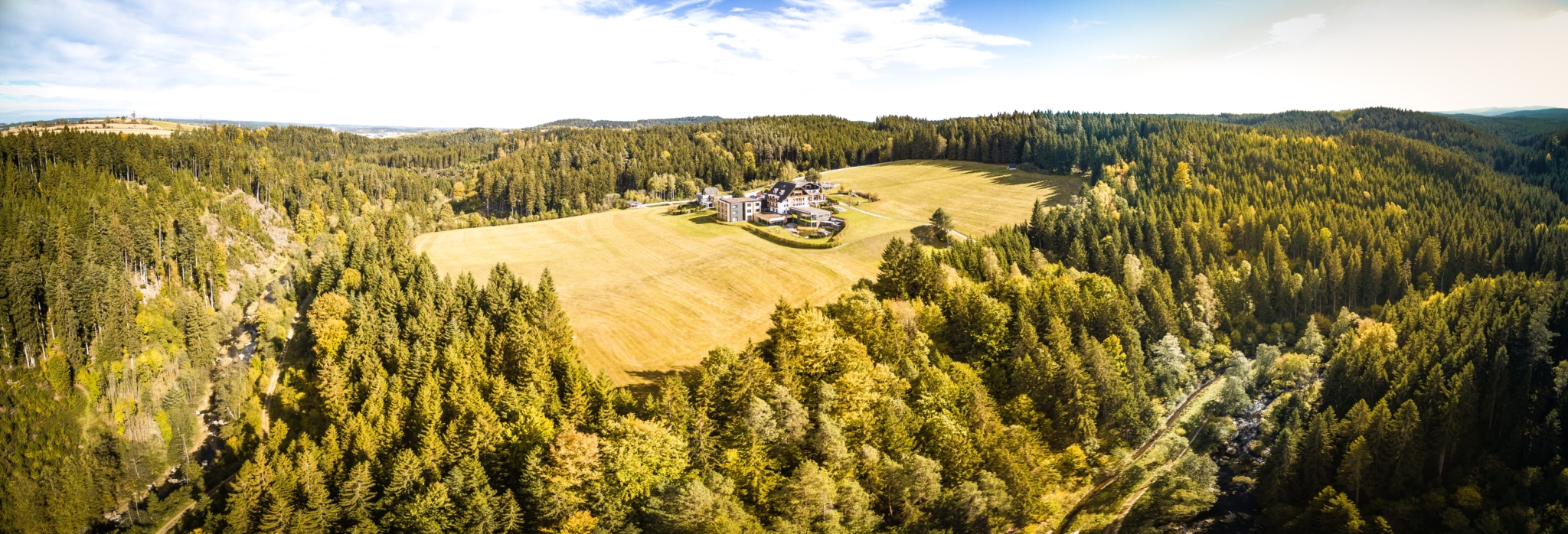 Die Schwarz Alm auf ihrer sonnigen Lichtung und weitläufige, dichte Wälder rundherum aus der Vogelperspektive
